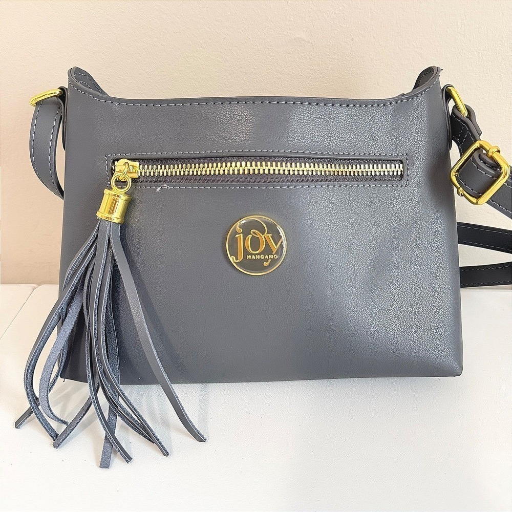 Joy Mangano Leather Crossbody Bag Gray Gold Purse Tassel Zipper NWOT